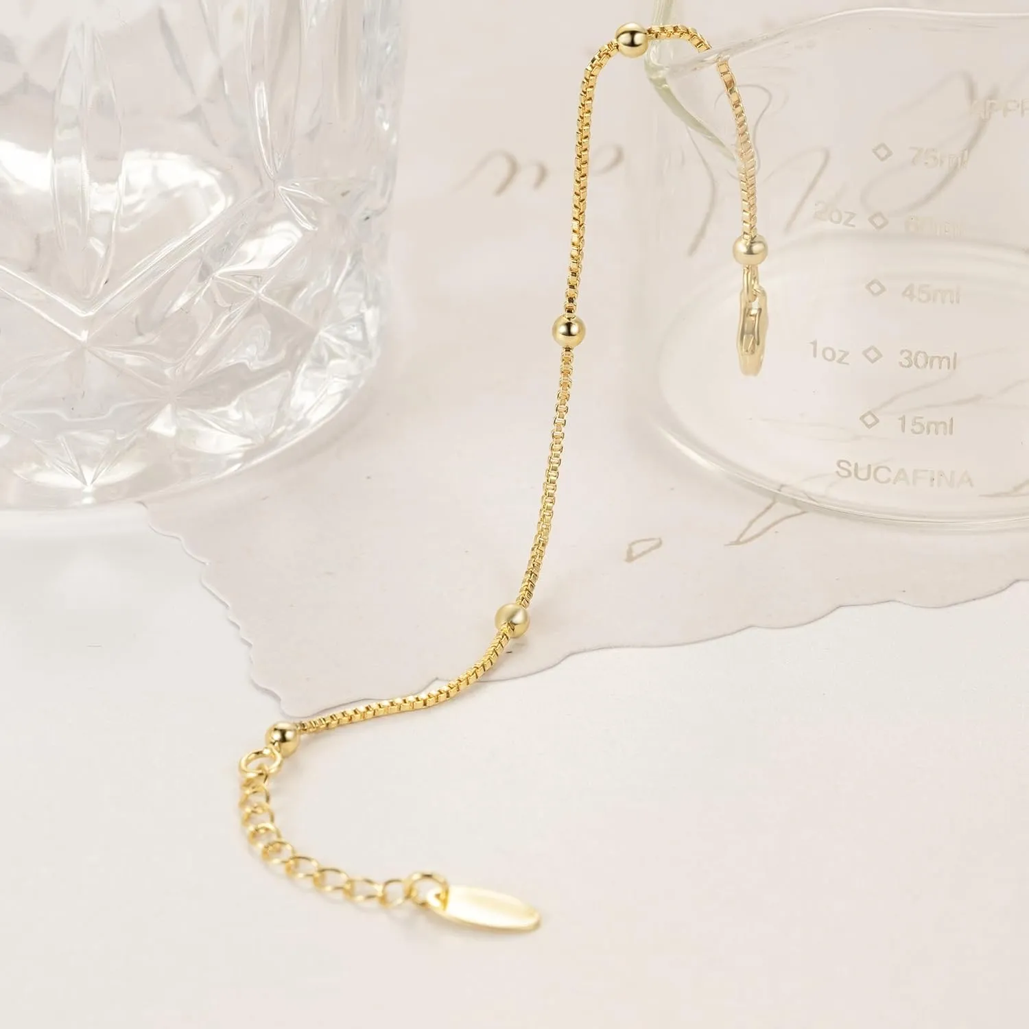 14K Gold Bracelets for Women Adjustable Womens Bracelet Ball Station Chain Stackable Bracelets for Womens Men Bracelet Jewelry 6.5-9 Inches Including Extension Chain