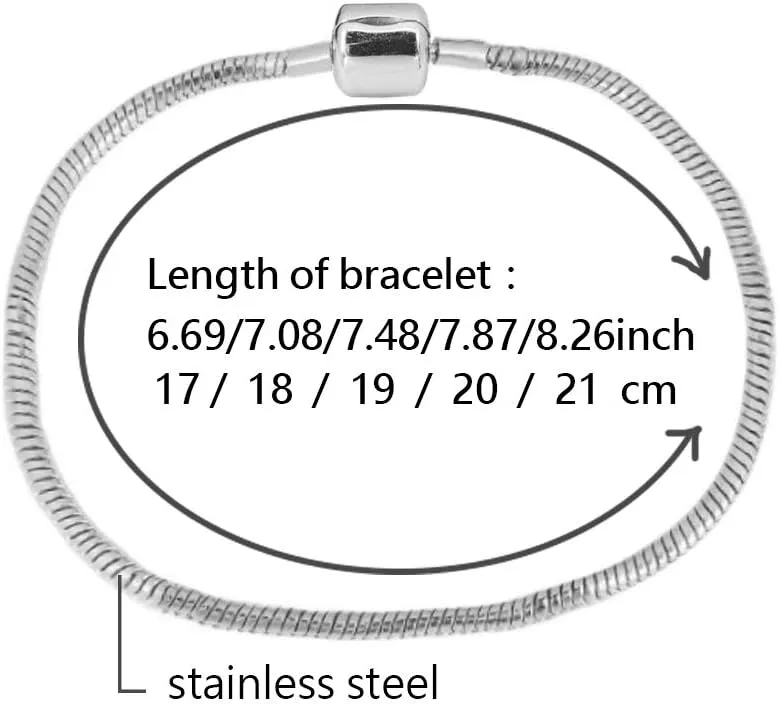 6.7 to 8.2inch Snake Chain Bracelet for Women Bead Charm Pendant 17 to 21cm Silver Stainless Steel Anniversary Birthday