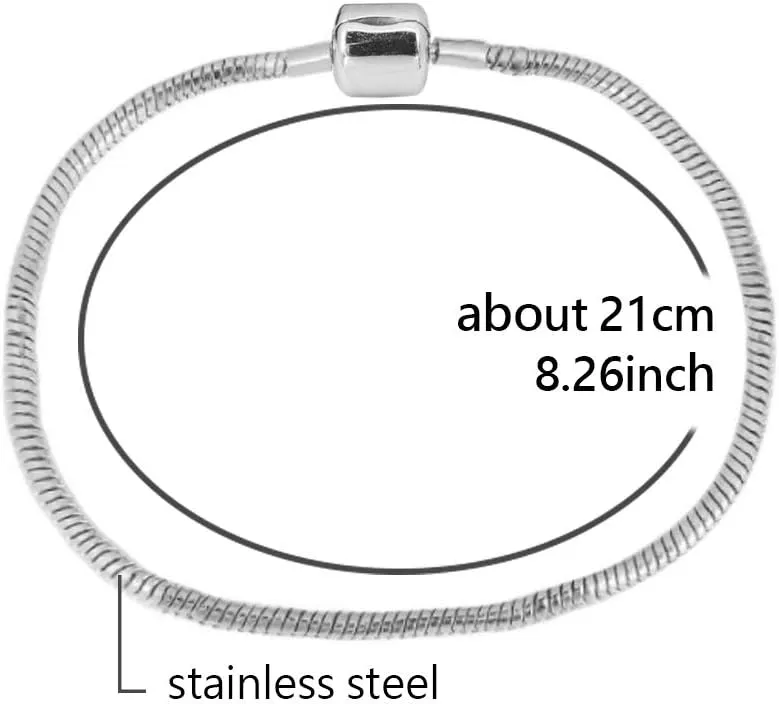 6.7 to 8.2inch Snake Chain Bracelet for Women Bead Charm Pendant 17 to 21cm Silver Stainless Steel Anniversary Birthday