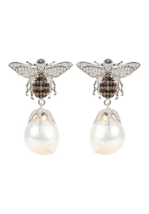 Baroque Pearl Honey Bee Drop Earrings Silver