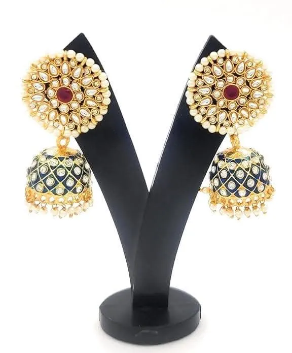Beautiful navy blue handmade earrings adorned with intricate kundan detailing