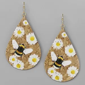 Bee And Daisy Flower Print Cork Teardrop Earrings