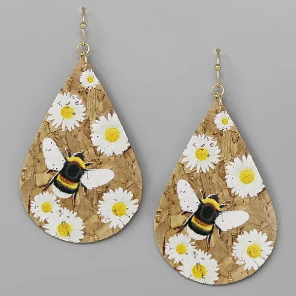 Bee And Daisy Flower Print Cork Teardrop Earrings