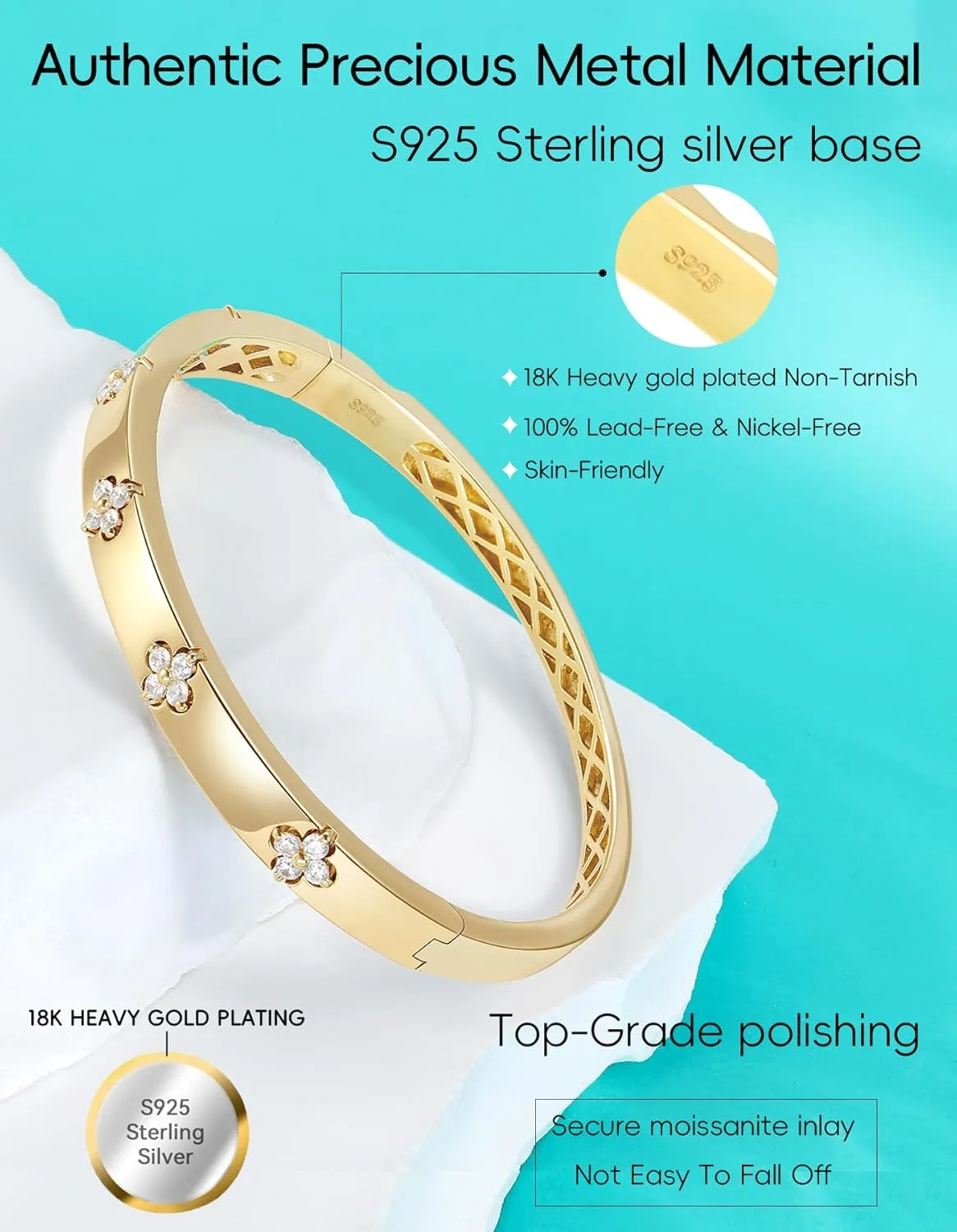Clover Emerald/Moissanite Bracelets for Women Gifts | Premium Emerald and Moissanite (D Clolor VVS1 Clarity 3EX Cut) | S925 Sterling Silver Plated 18K Gold Stackable Non Tarnish