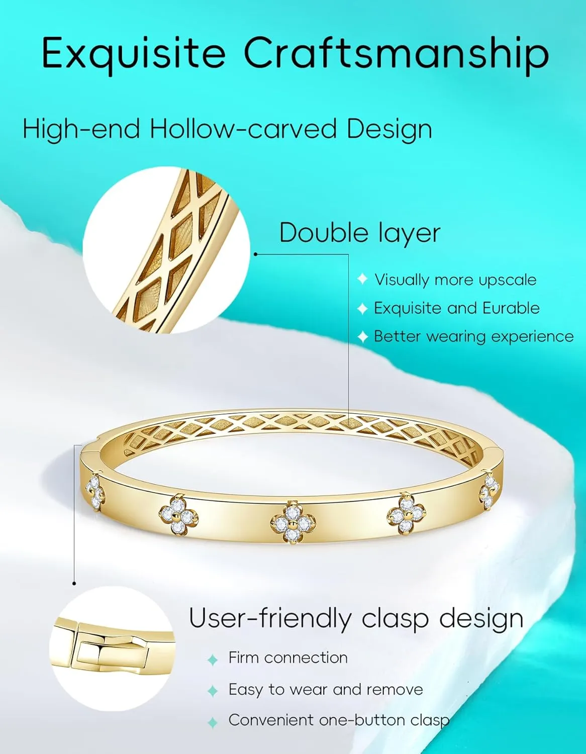 Clover Emerald/Moissanite Bracelets for Women Gifts | Premium Emerald and Moissanite (D Clolor VVS1 Clarity 3EX Cut) | S925 Sterling Silver Plated 18K Gold Stackable Non Tarnish