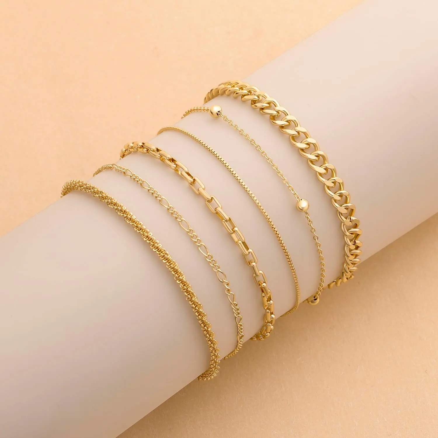 DEARMAY Waterproof Gold Bracelets Set for Women Trendy, Dainty 14K Real Gold Plated Jewelry Fashion Stackable Tennis Beaded Figaro Herringbone Paperclip Link Bracelet Pack Stack Gifts for Women