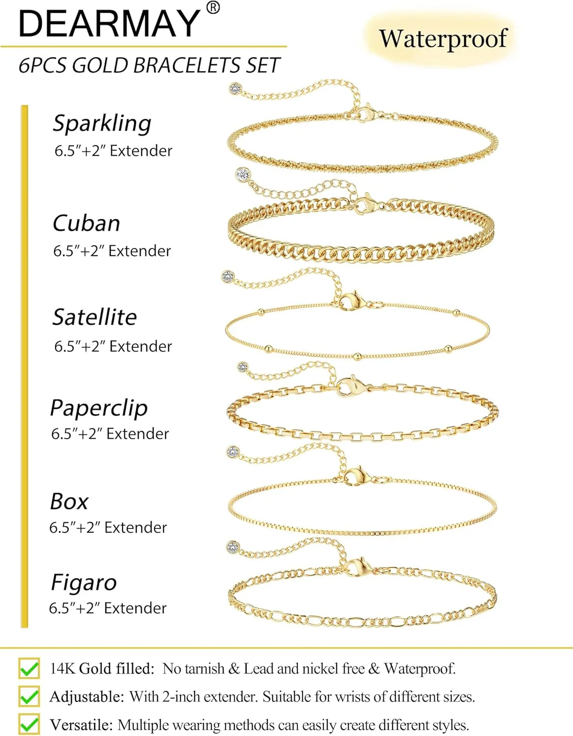 DEARMAY Waterproof Gold Bracelets Set for Women Trendy, Dainty 14K Real Gold Plated Jewelry Fashion Stackable Tennis Beaded Figaro Herringbone Paperclip Link Bracelet Pack Stack Gifts for Women