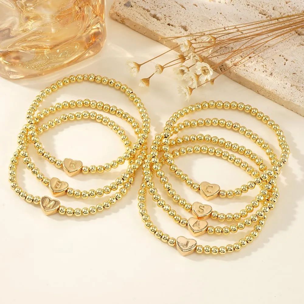 Gold 14K Heart Beaded Charm Initial Bracelets for Women,Enewton Cute Handmade Stretch Beads Ball Trendy Jewelry Summer Prom Holiday Gifts