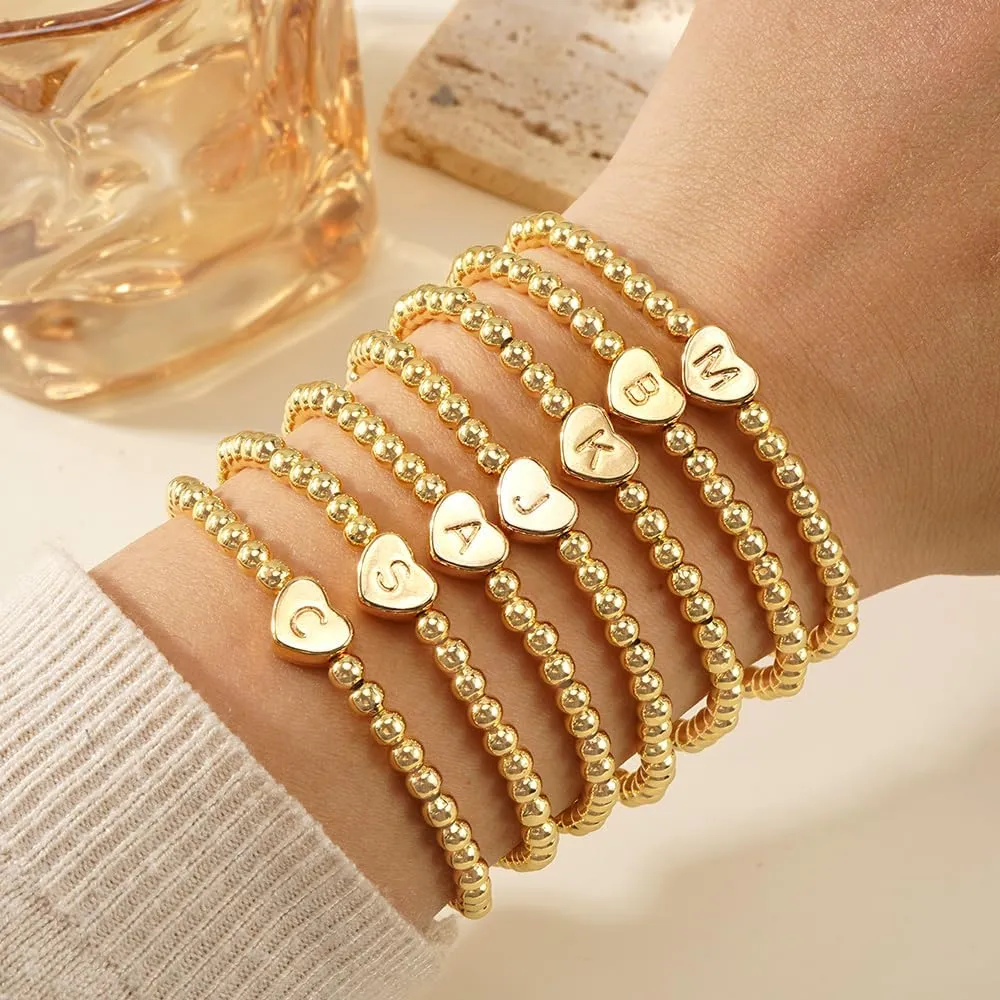 Gold 14K Heart Beaded Charm Initial Bracelets for Women,Enewton Cute Handmade Stretch Beads Ball Trendy Jewelry Summer Prom Holiday Gifts