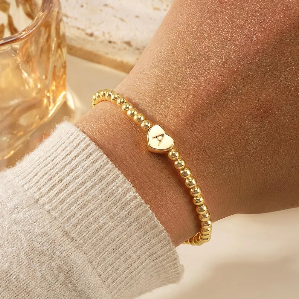 Gold 14K Heart Beaded Charm Initial Bracelets for Women,Enewton Cute Handmade Stretch Beads Ball Trendy Jewelry Summer Prom Holiday Gifts