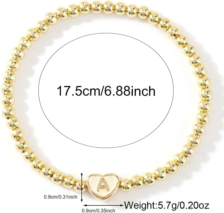 Gold 14K Heart Beaded Charm Initial Bracelets for Women,Enewton Cute Handmade Stretch Beads Ball Trendy Jewelry Summer Prom Holiday Gifts