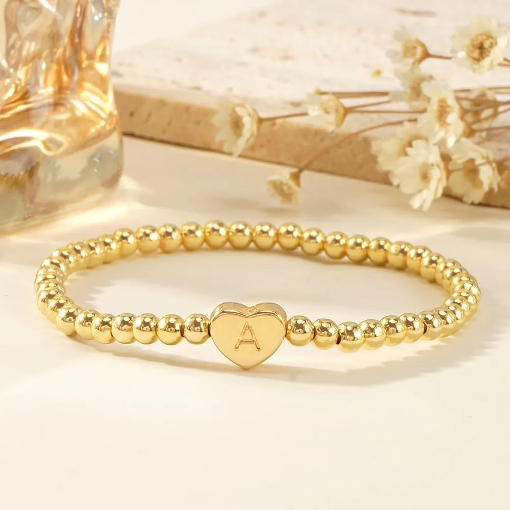 Gold 14K Heart Beaded Charm Initial Bracelets for Women,Enewton Cute Handmade Stretch Beads Ball Trendy Jewelry Summer Prom Holiday Gifts