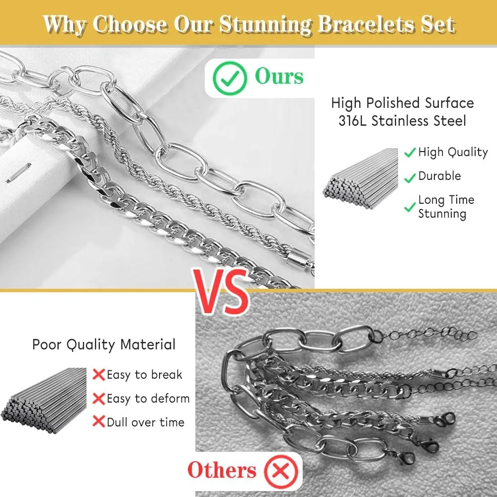 Gold Bracelets for Women Waterproof Non Tarnish 18K Real Gold Plated Jewelry Sets 316L Stainless Steel Chunky Bracelet Stackable Layered Cuban Link Herringbone Paperclip Rope Chain Bracelets Gifts