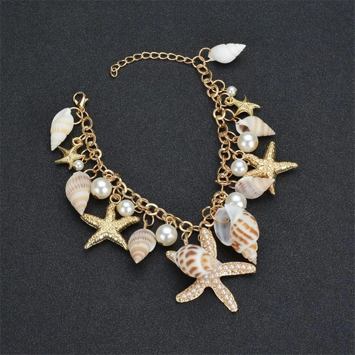 Handmade Starfish Seashell Pearl Bracelets for Women Gold Plated Bohemian Charm Sea Shell Couch Beads Adjustable Chain Anklet Bracelets Hawaiian Beach Holiday Mermaid Costume Jewelry Gifts