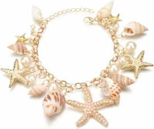 Handmade Starfish Seashell Pearl Bracelets for Women Gold Plated Bohemian Charm Sea Shell Couch Beads Adjustable Chain Anklet Bracelets Hawaiian Beach Holiday Mermaid Costume Jewelry Gifts