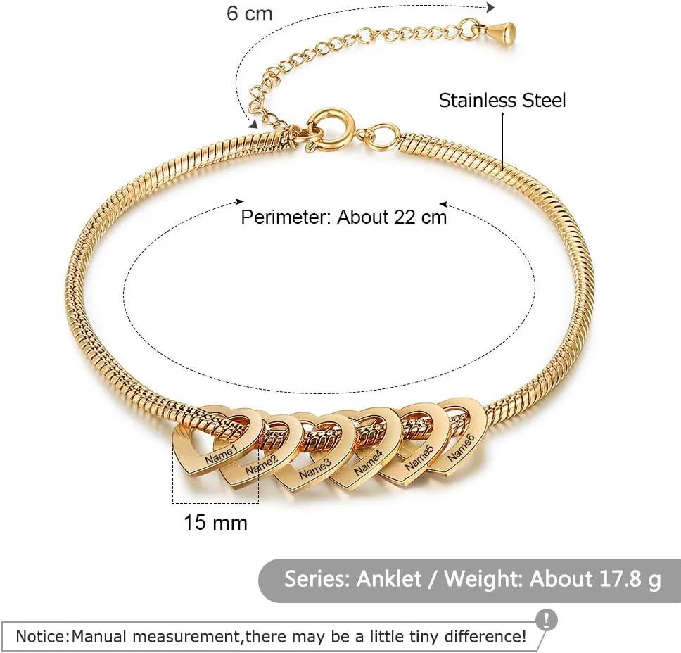 Jewelstruck Personalized Ankle Bracelets for Women Waterproof with 2-6 Names Anklets Engraved Heart Name Initial Custom Ankle Bracelets for Bff Mom Family Birthday Anniversary Mothers Day