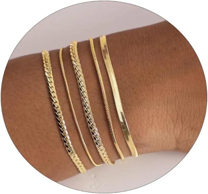 Kyerlyn Gold Bracelets for Women 14K Gold Bracelets Set for Women Dainty Herringbone Twisted Rope Chain Paperclip Link Bracelets Leaf Dot Bracelet Jewelry Gifts for Women