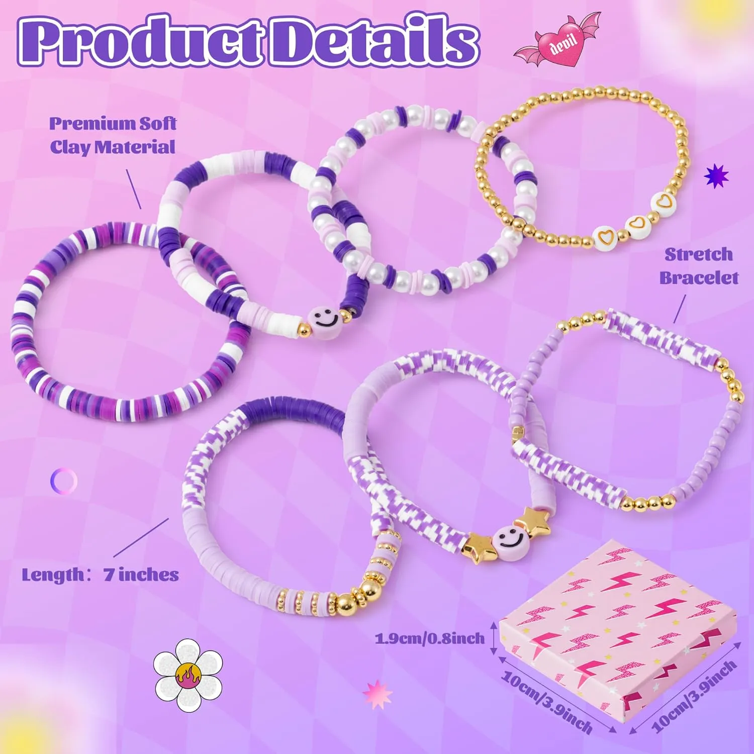LieToi 7Pcs Preppy Heishi Bracelets for Women Girls - Surfer Bracelets Polymer Clay Stackable Disc Summer Beach Y2K Stretch Birthday Gift