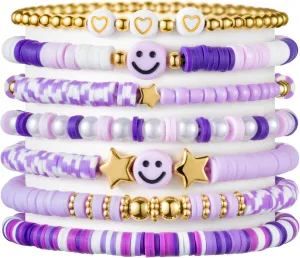 LieToi 7Pcs Preppy Heishi Bracelets for Women Girls - Surfer Bracelets Polymer Clay Stackable Disc Summer Beach Y2K Stretch Birthday Gift