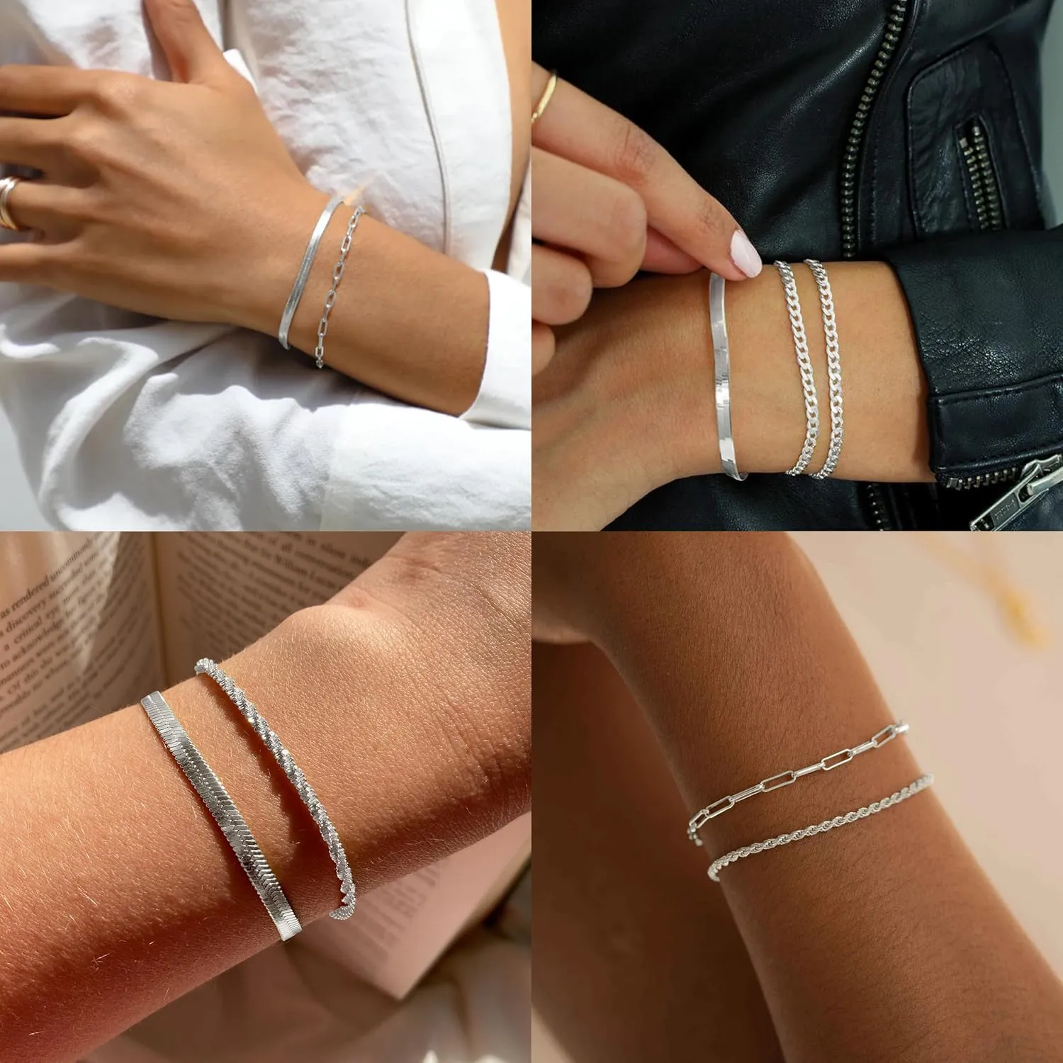 Reoxvo Dainty Bracelets for Women Trendy, Sterling Silver Plated Brass Link Chain Charm Bracelet Set for Women Stack 14K Gold Plated Brass Link Bracelets Jewelry Gift for Women