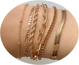 Stackable Gold Silver Bracelets for Women Dainty Herringbone Bracelets Sets for Women Stackable Figaro Chain Paperclip Link Cute Anklet Bracelet for Women (6PCS-Gold)