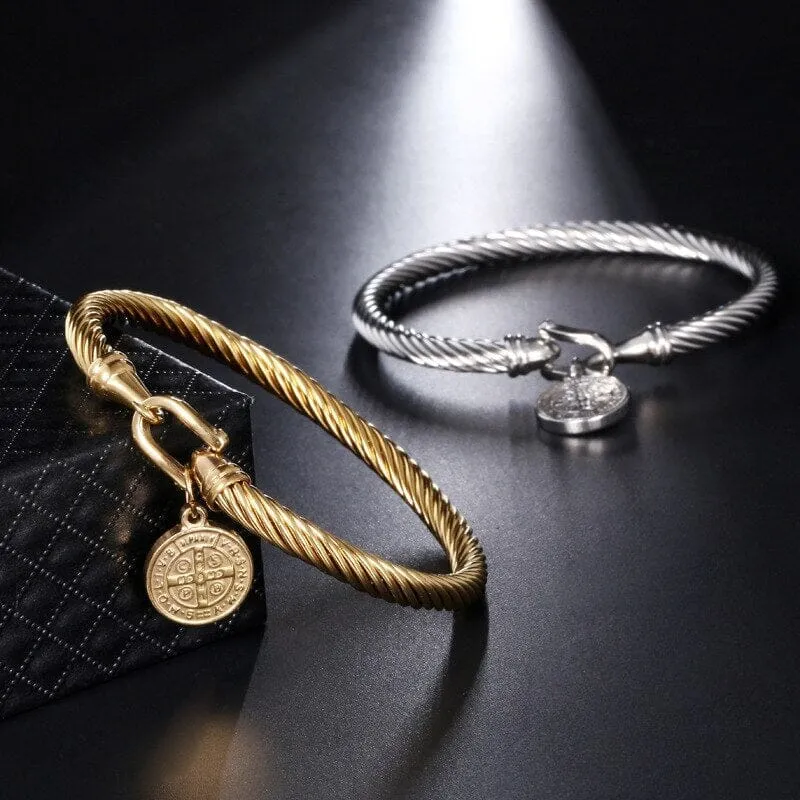 Stainless Steel Saint Benedict WWJD Medal Bracelet