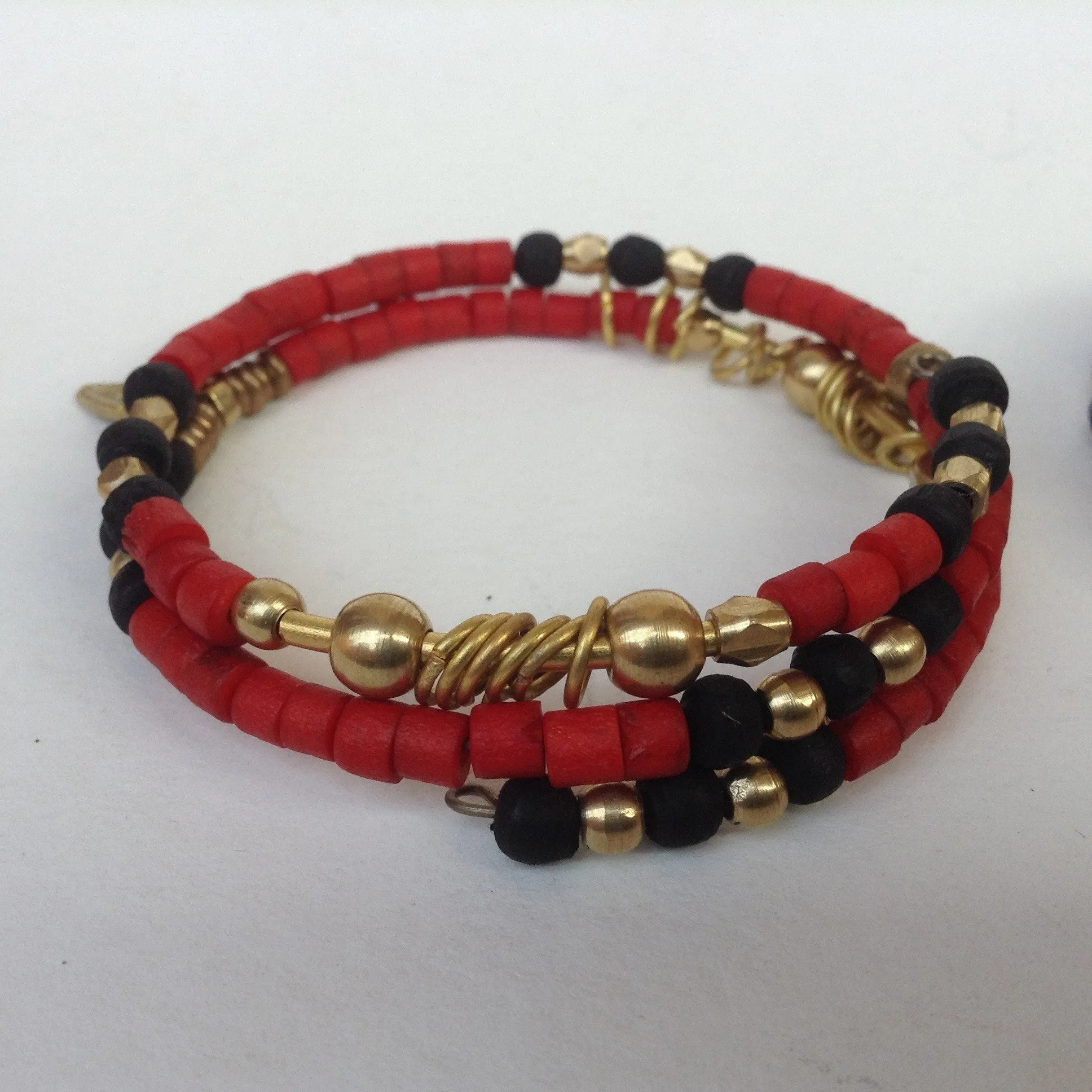 Trio of Bone, Brass & Beads Memory Wire Bracelets