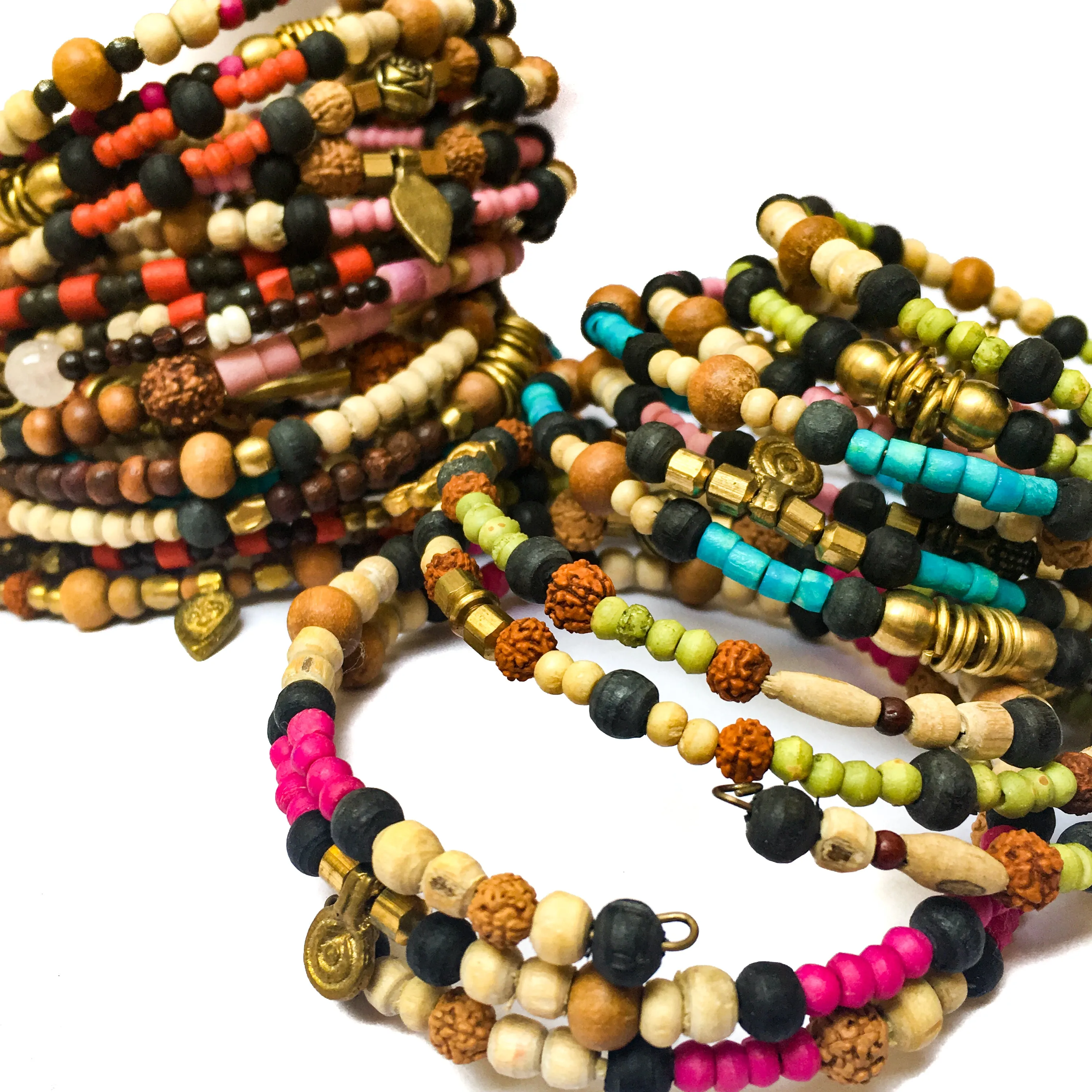Trio of Bone, Brass & Beads Memory Wire Bracelets