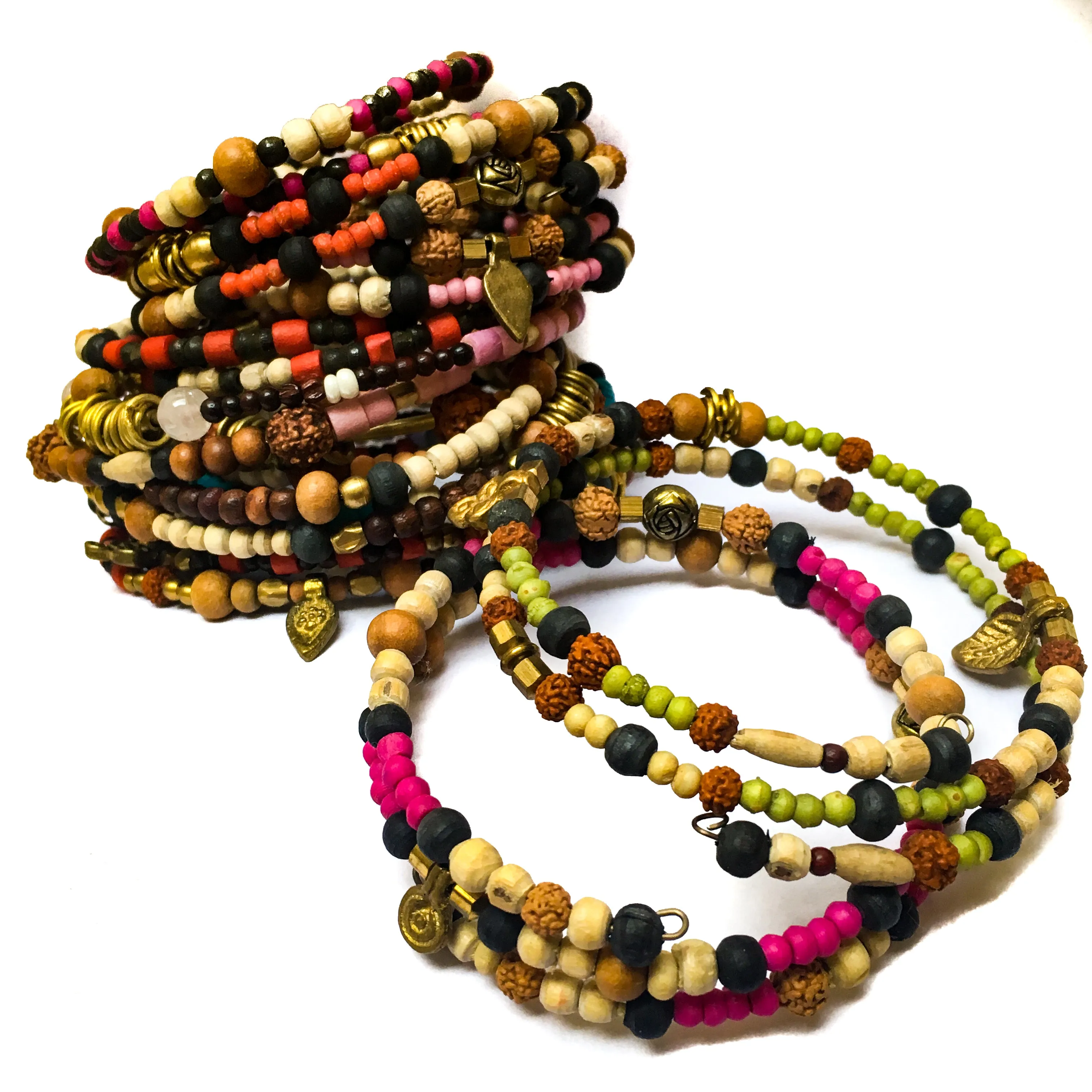 Trio of Bone, Brass & Beads Memory Wire Bracelets