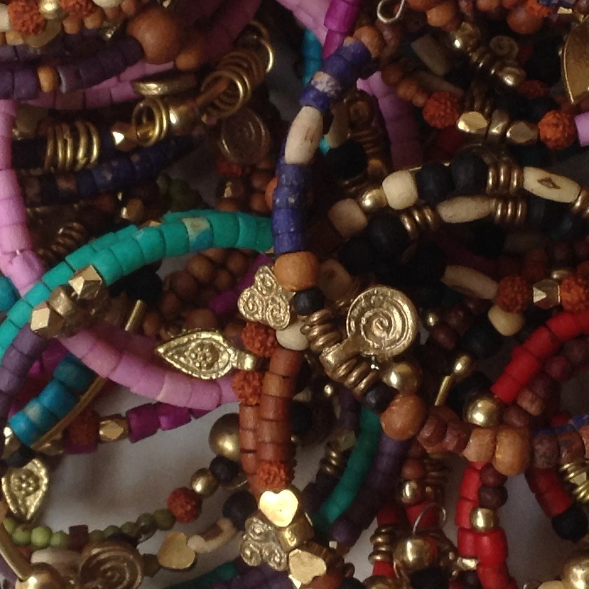 Trio of Bone, Brass & Beads Memory Wire Bracelets