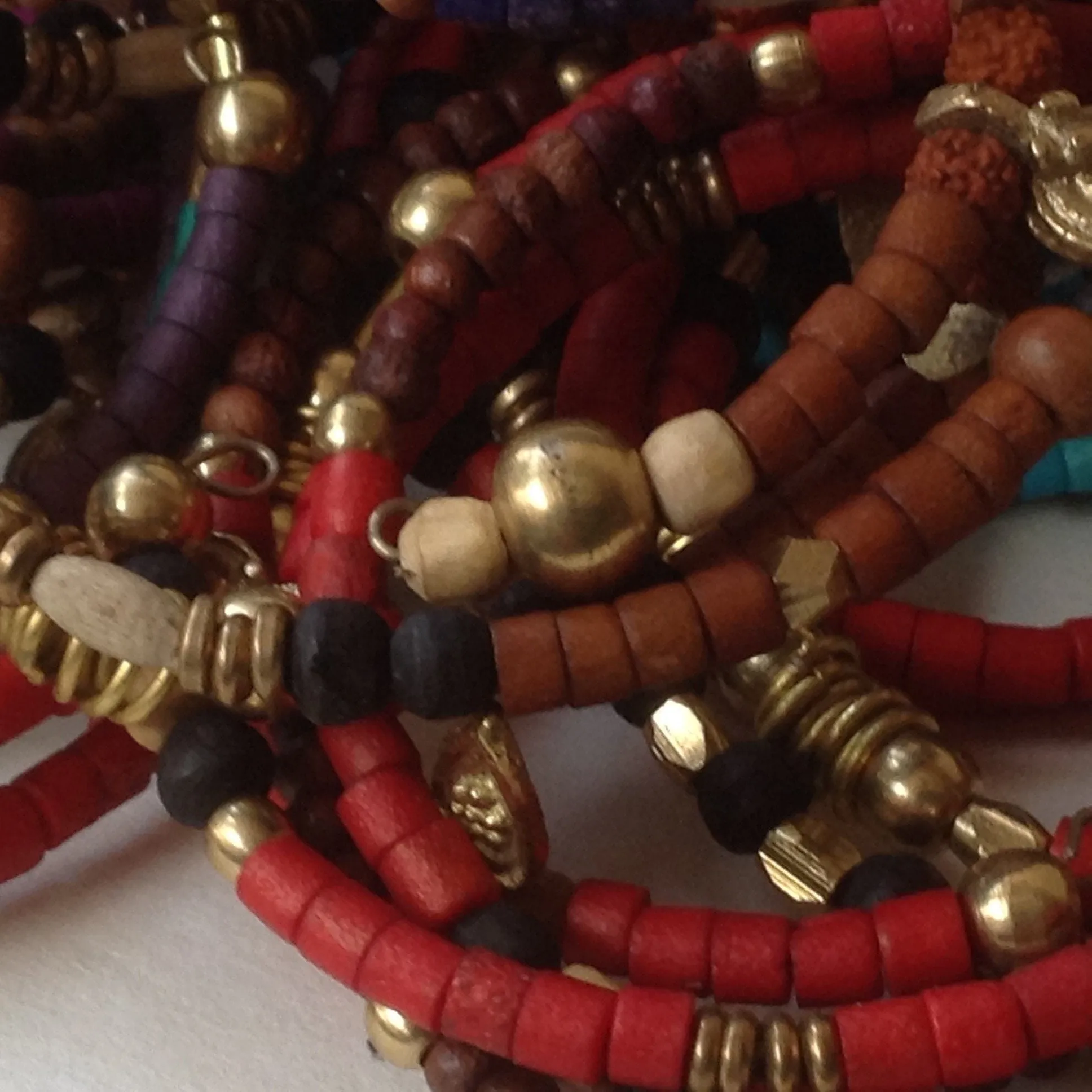 Trio of Bone, Brass & Beads Memory Wire Bracelets
