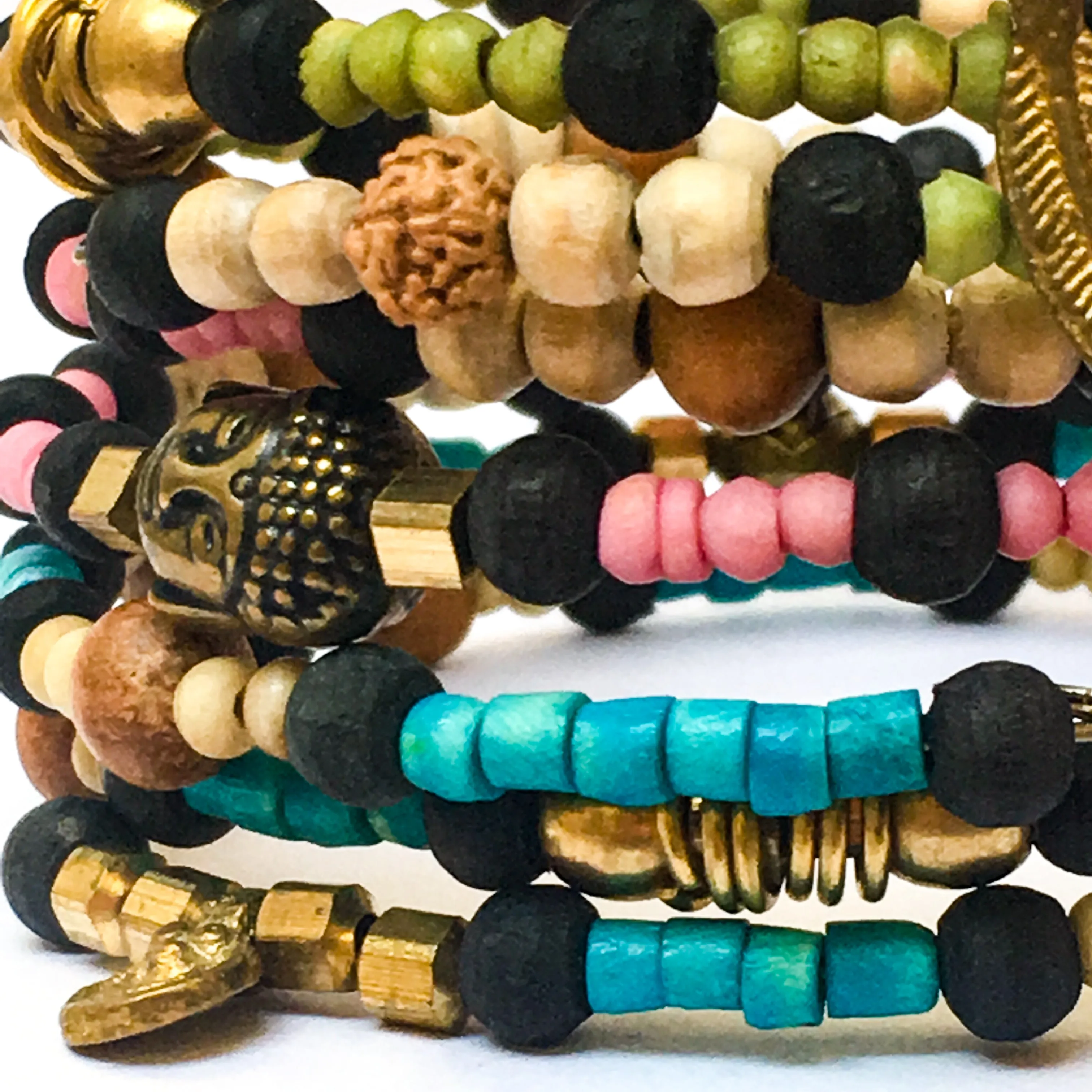 Trio of Bone, Brass & Beads Memory Wire Bracelets