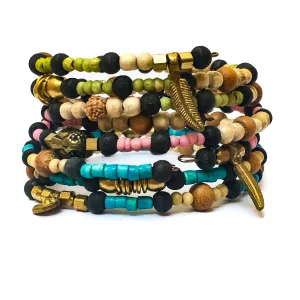 Trio of Bone, Brass & Beads Memory Wire Bracelets