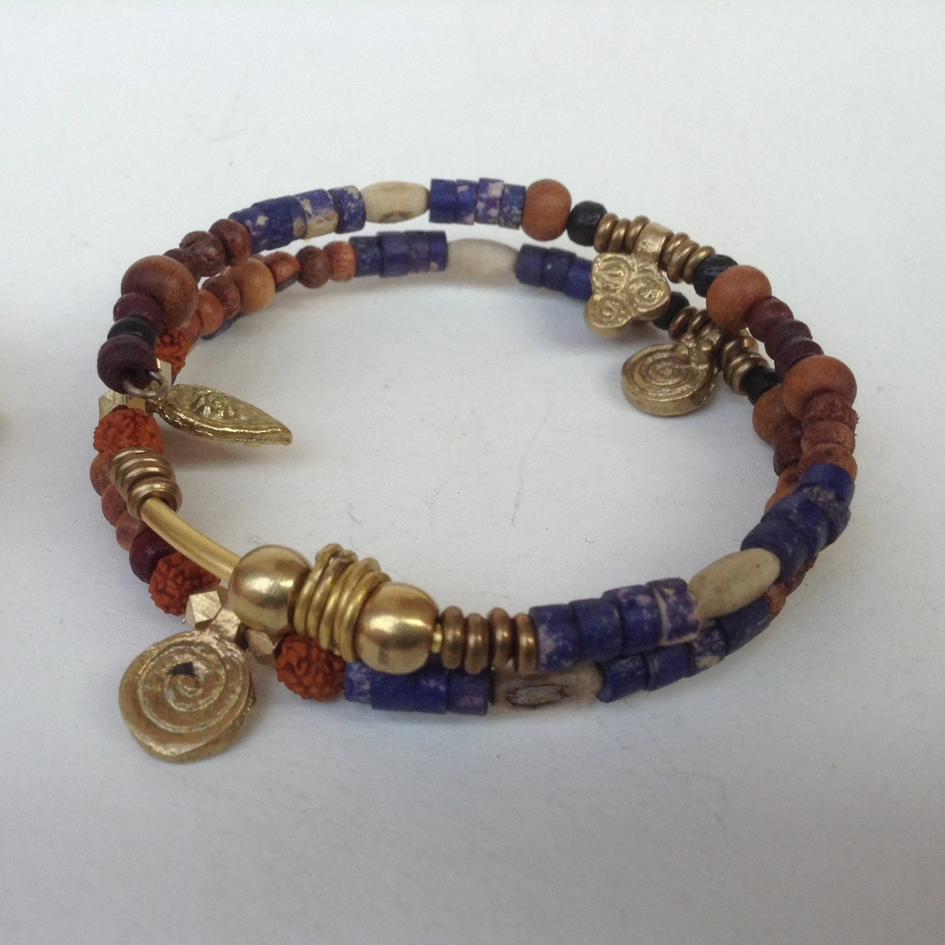 Trio of Bone, Brass & Beads Memory Wire Bracelets