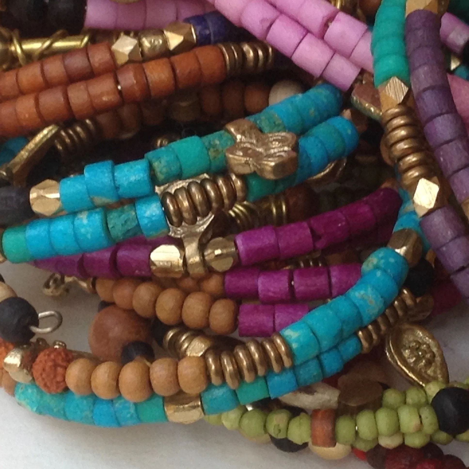 Trio of Bone, Brass & Beads Memory Wire Bracelets