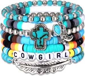 Western Turquoise Silver Beaded Stretch Bracelets Preppy Heishi Bracelets Set Bohemian Turquoise Cross boots Charm Stackable Bracelets for Women Y2K Summer Beach Layering Bracelets Jewelry