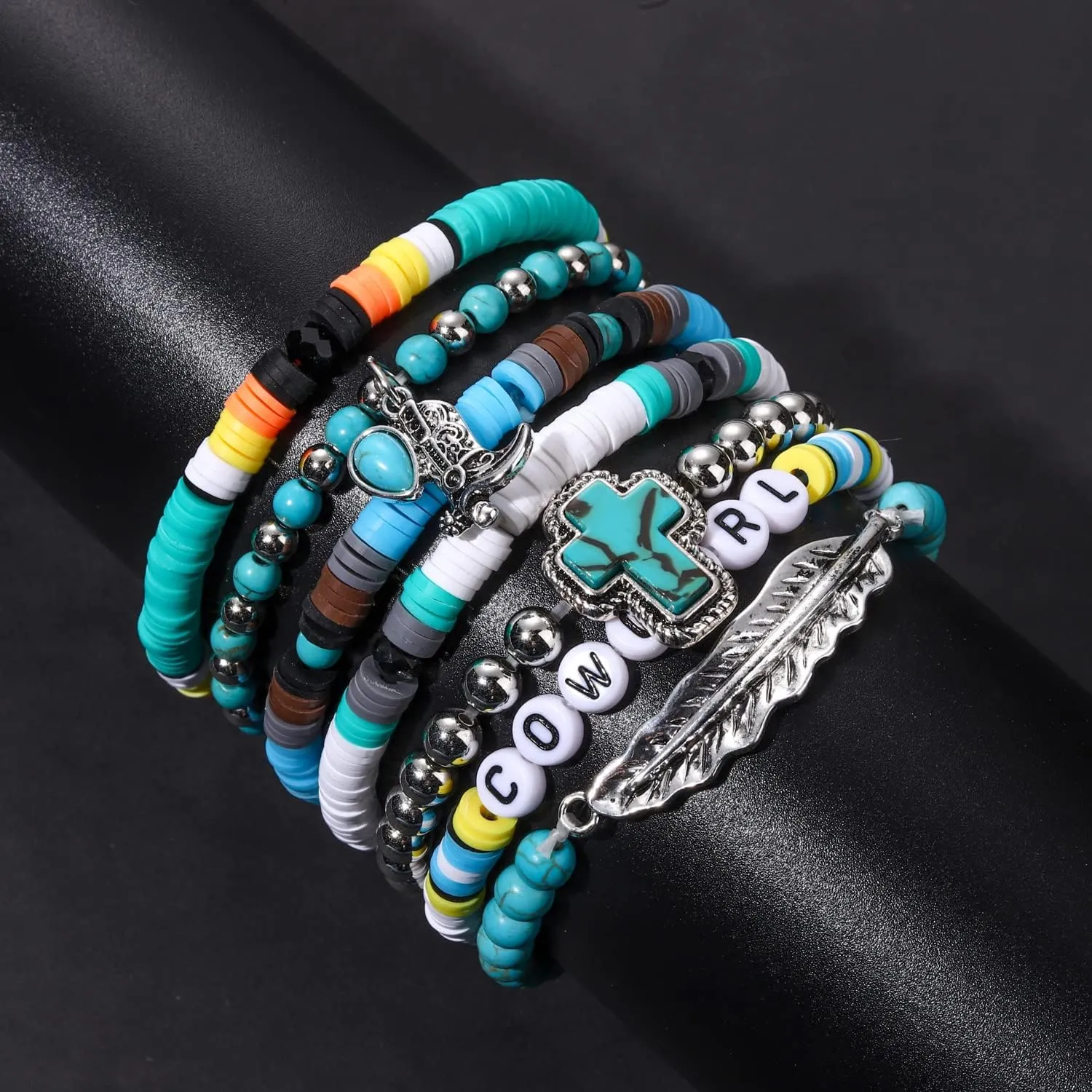 Western Turquoise Silver Beaded Stretch Bracelets Preppy Heishi Bracelets Set Bohemian Turquoise Cross boots Charm Stackable Bracelets for Women Y2K Summer Beach Layering Bracelets Jewelry