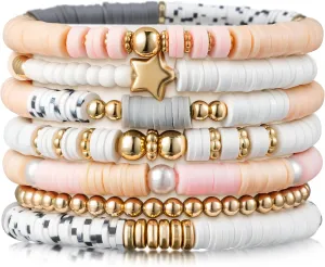 Y1tvei 7Pcs Christmas Pink Surfer Heishi Clay Bead Bracelet Set Boho Stackable Gray White Polymer Clay Beaded Layering Stretch Bracelet Gold Jewelry Summer Beach Friendship Bracelet for Women